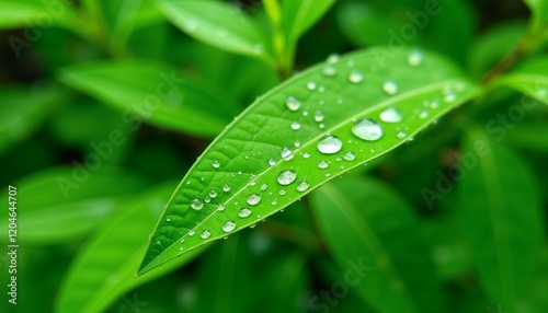 Bright green leaf with dewdrops after rain