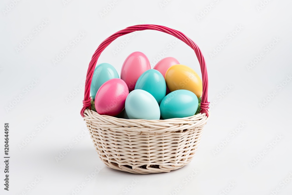 Hand painted pastel Easter Eggs in basket on white backdrop Hand painted pastel Easter Eggs in basket on white backdrop