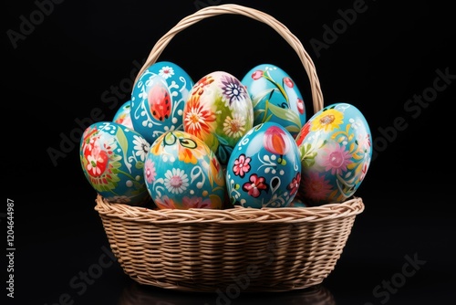 Hand painted pastel Easter Eggs in basket on white backdrop photo