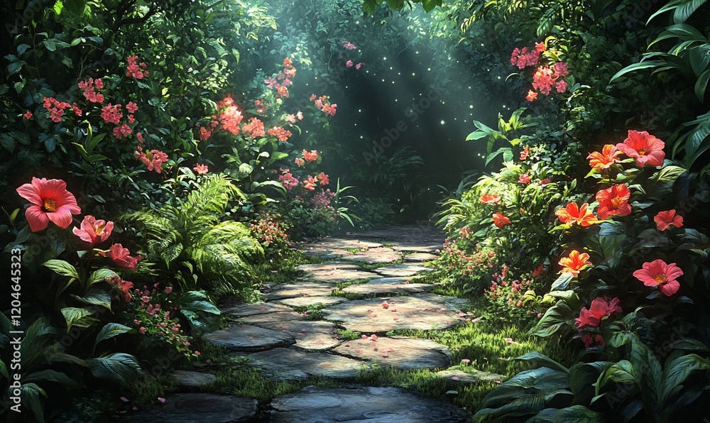 Sunlit stone path, lush jungle flowers, magical forest, serene nature scene, fantasy backdrop Sunlit stone path, lush jungle flowers, magical forest, serene nature scene, fantasy backdrop
