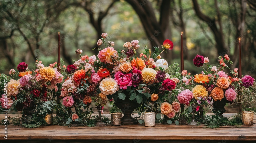 Naklejka premium Vibrant Floral Arrangement: A Luxurious Wedding Table Setting