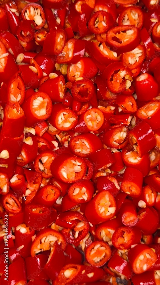 Sliced red chili peppers. Food preparation. Background. Sliced red chili peppers. Food preparation. Background.