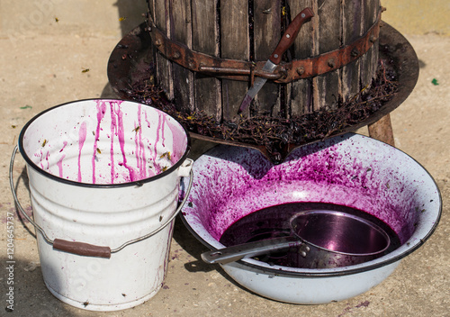 Wine making. Technology of wine production in Moldova. The ancient folk tradition of grape processing. The squeezer is used to press the wine. photo