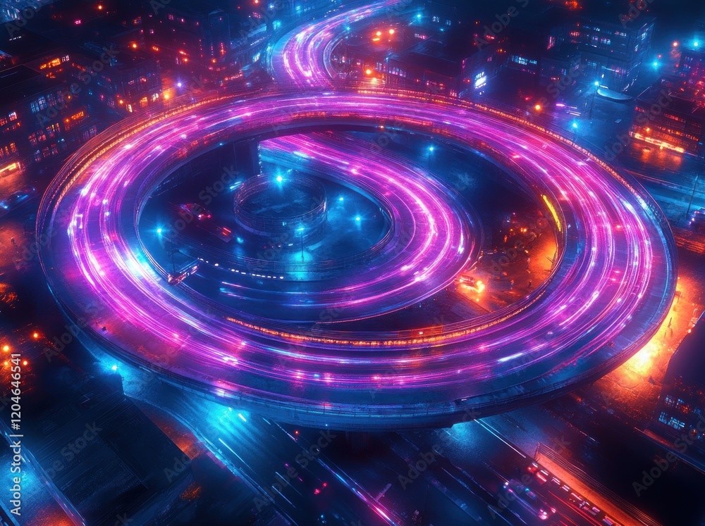 Aerial View of Neon-Lit City Intersection with Dynamic Light Trails and Vibrant City Life Aerial View of Neon-Lit City Intersection with Dynamic Light Trails and Vibrant City Life
