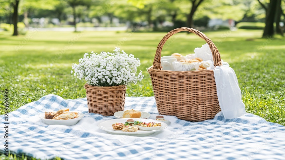 idyllic picnic basket scene in park with flowers and pastries idyllic picnic basket scene in park with flowers and pastries