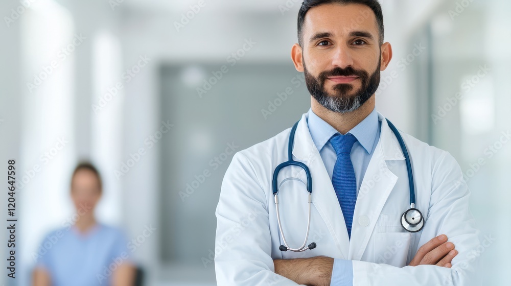 Confident Doctor in White Coat with Stethoscope in Hospital Setting Confident Doctor in White Coat with Stethoscope in Hospital Setting