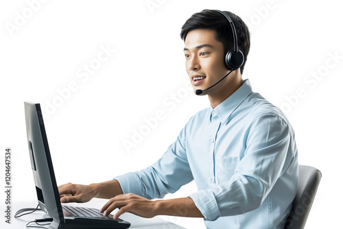 Smiling Asian Male Customer Service Representative Working At Computer With Headset