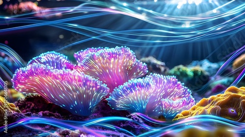 Fototapeta Naklejka Na Ścianę i Meble -  glowing neon coral reef underwater scene - abstract