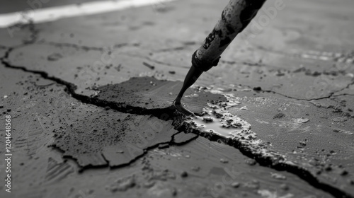 Close up of sealing material being applied to crack in pavement