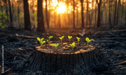 Sunrise after forest fire; new life photo