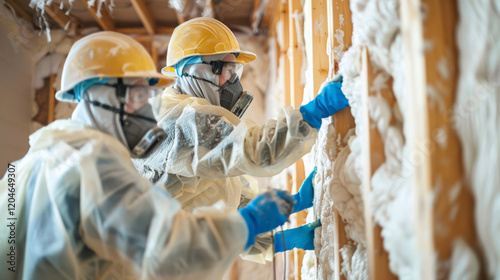 Workers in protective gear removing insulation from walls