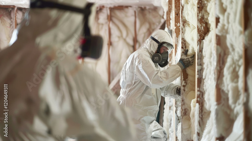 Workers in protective gear removing insulation from walls