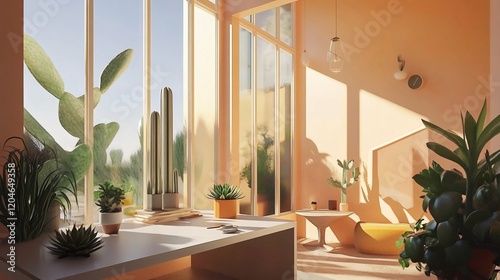 Sunlit Minimalist Room Interior Design with Plants and Cactus
