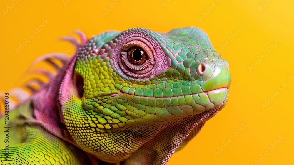 Obraz premium Vibrant green and pink iguana looks forward in a close-up portrait against a bright yellow studio background.