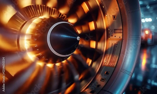Close-up view of a jet engine turbine showcasing intricate design and engineering.