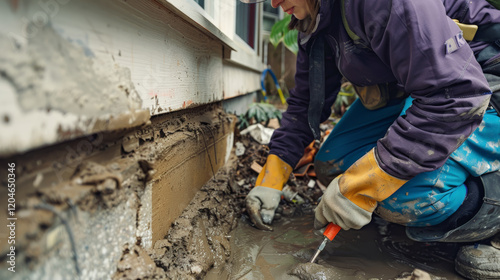 Sealing foundation cracks with safety gear, ensuring structural integrity photo