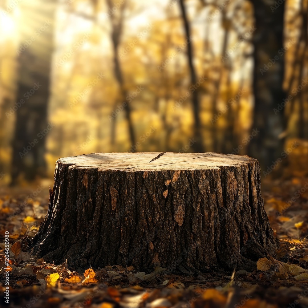 Tree stump in the autumn forest with sun rays and bokeh Tree stump in the autumn forest with sun rays and bokeh