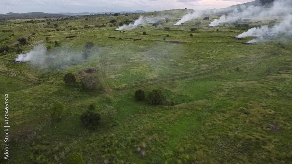 Aerial View of Controlled Burn in a Grassland Area with Smoke Rising into the Sky Aerial View of Controlled Burn in a Grassland Area with Smoke Rising into the Sky
