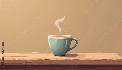 Minimalist steaming coffee cup on wooden table