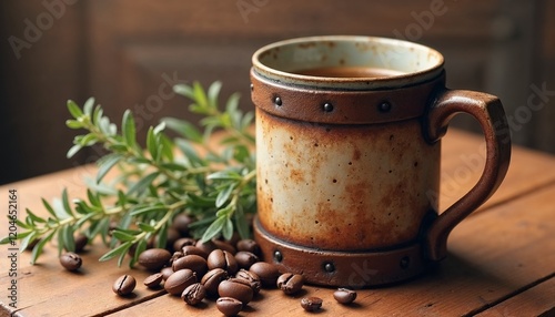 Rustic coffee mug with coffee beans and greenery