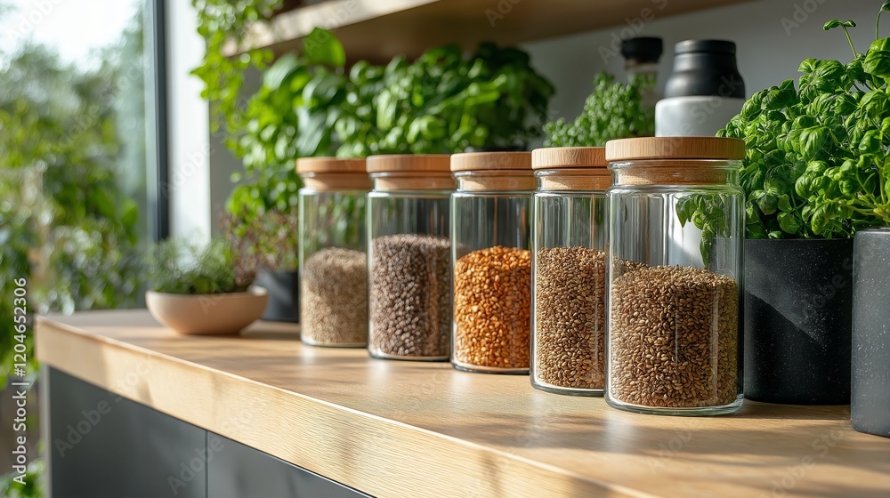 Modern kitchen countertop with reusable glass containers for grains and spices Modern kitchen countertop with reusable glass containers for grains and spices