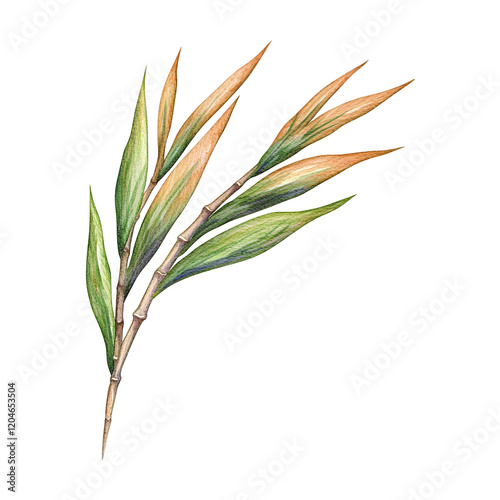Elegant Botanical Illustration of Green Leaves with Subtle Hues on Isolated White Background