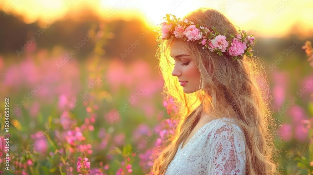 Naklejka premium Young woman wearing a flower crown stands in a field of pink wildflowers during a warm sunset.