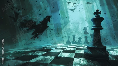 A dark and mysterious chessboard with black and white chess pieces. The board is set in a shadowy forest with a full moon shining through the trees.