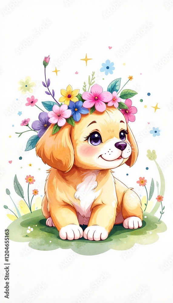 Fototapeta premium Cute puppy wearing flower crown sitting on green grass