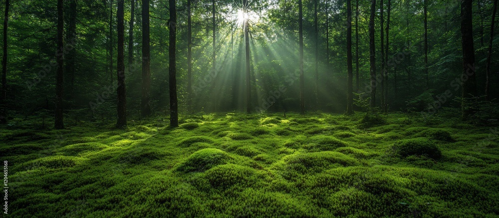 Obraz premium Sunbeams in the Emerald Forest: A Mystical Woodland Scene