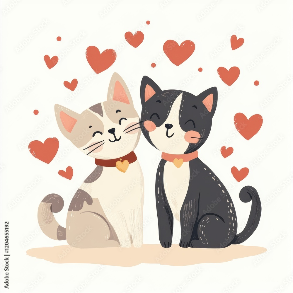 Fototapeta premium Cute dog and cat with red heart for Valentine’s Day greeting card design