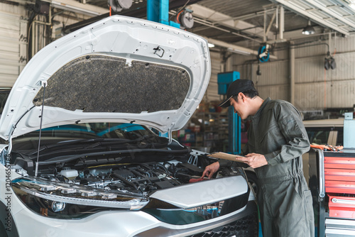 自動車のエンジンルームをチェックする自動車整備士・受け入れ検査（車検・定期点検）
