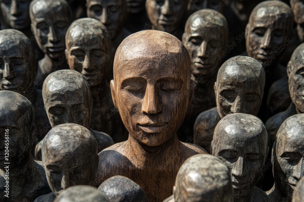 Wooden Statues Crowd, Meditative Central Figure Wooden Statues Crowd, Meditative Central Figure