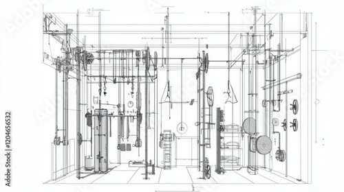 Indoor fitness studio design gym equipment layout & technical architectural view