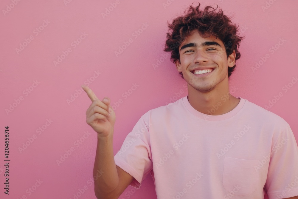 A young, smiling Hispanic man stands against a pink background, pointing to the side with his hand and showing something A young, smiling Hispanic man stands against a pink background, pointing to the side with his hand and showing something