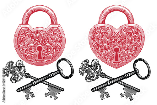 Lock and keys. Design set. Editable hand drawn illustration. Vector vintage engraving. Isolated on white background. 8 EPS