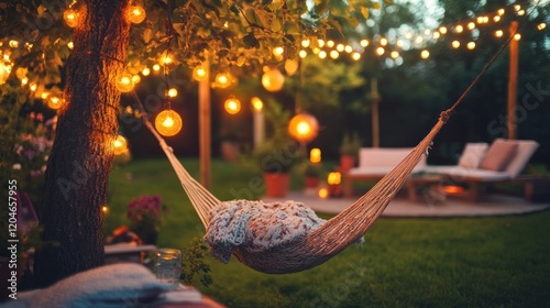 Serene Evening in a Cozy Backyard Hammock Under Fairy Lights photo