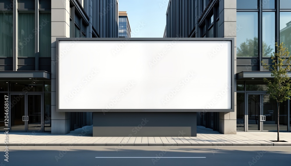 Large empty billboard in front of modern urban building. City street scene. Commercial advertising space. Blank poster for promotion. Empty advertising surface. Outdoor display. Suitable for Large empty billboard in front of modern urban building. City street scene. Commercial advertising space. Blank poster for promotion. Empty advertising surface. Outdoor display. Suitable for
