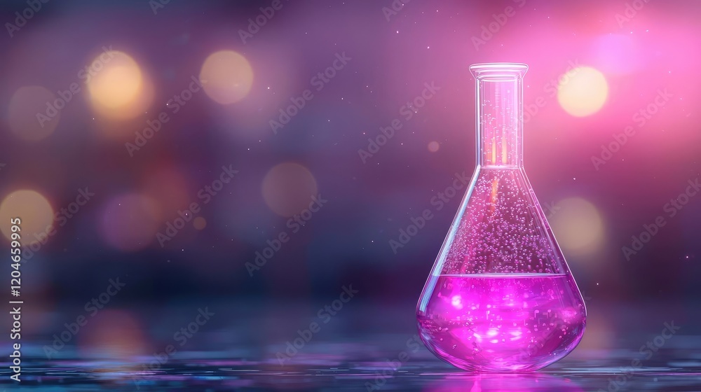 Pink liquid in flask, glowing bokeh background, science experiment