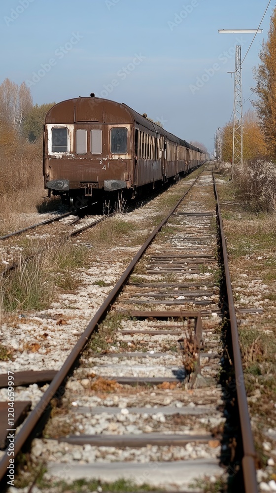 Fototapeta premium Rusty railcar abandoned on overgrown tracks under a clear sky, highlighting a mix of neglect and the beauty of nature reclaiming the area