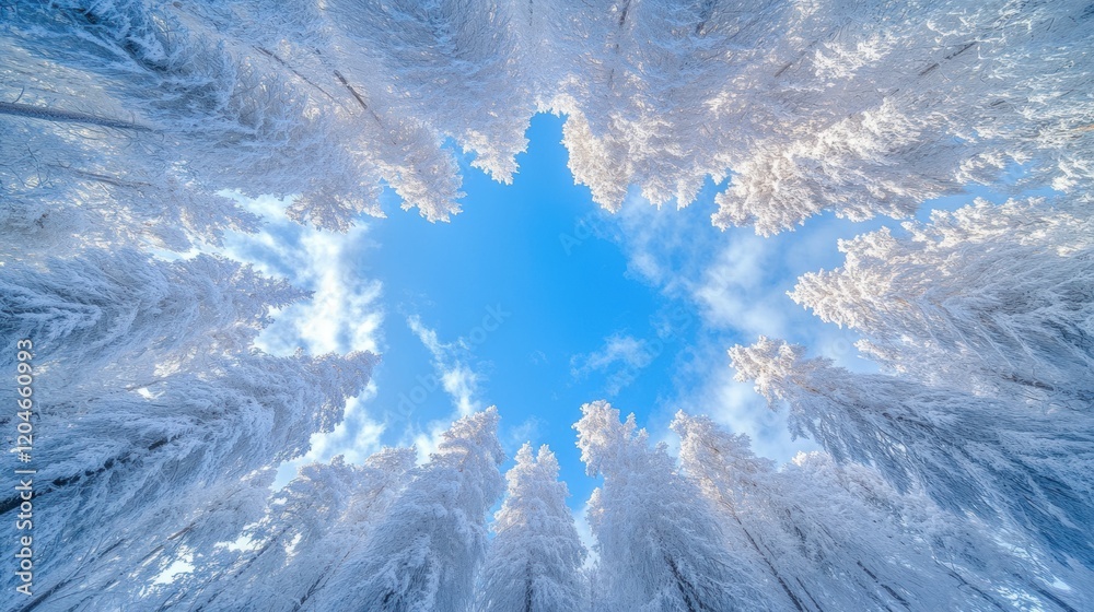 White forest covered by snow with blue sky.