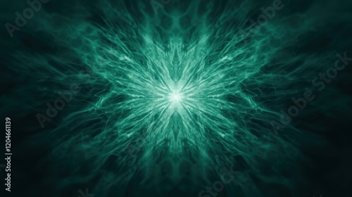 Radiating green abstract energy with glowing center and dynamic light patterns creating a futuristic visual effect