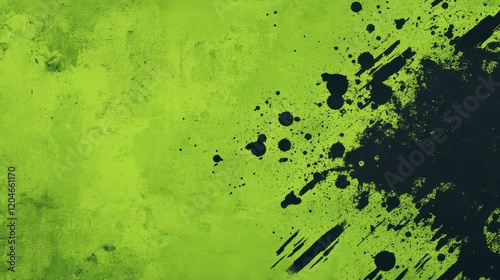 Green grunge background with black ink splatter and rough textured effects creating a bold and creative abstract design