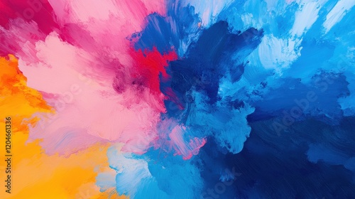 Vibrant abstract color explosion with bold blue, pink, and yellow paint strokes creating a dynamic artistic design