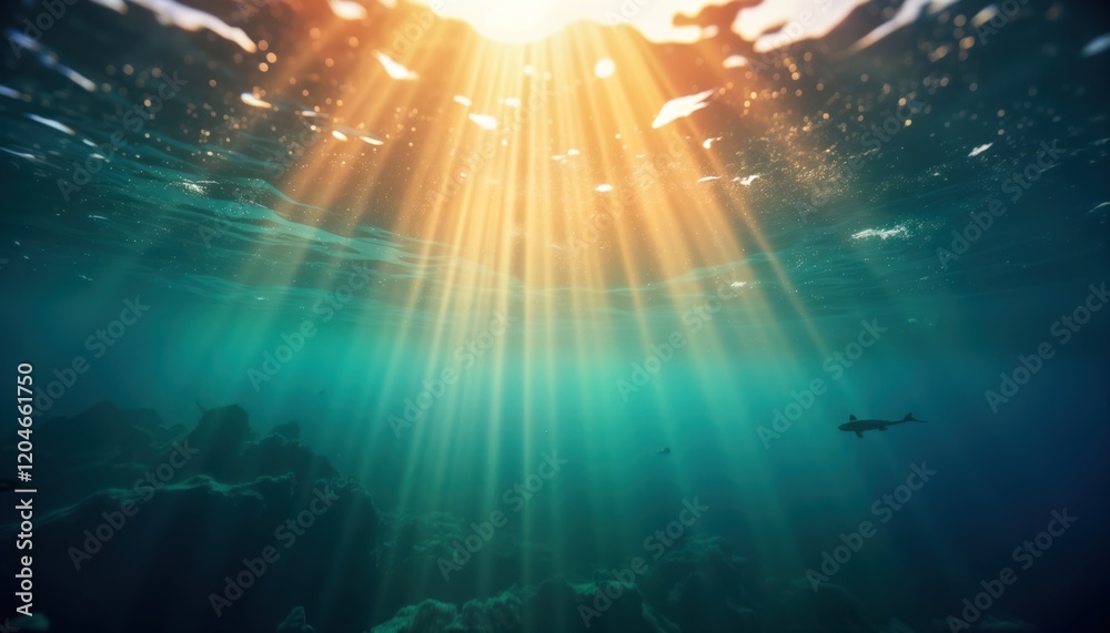Sunlight beams through ocean depths. Stunning underwater scene shows serenity, beauty of ocean. Abstract defocused backdrop shows ocean life. Tranquil mysterious aquatic scene. Ocean floor, sunlight Sunlight beams through ocean depths. Stunning underwater scene shows serenity, beauty of ocean. Abstract defocused backdrop shows ocean life. Tranquil mysterious aquatic scene. Ocean floor, sunlight