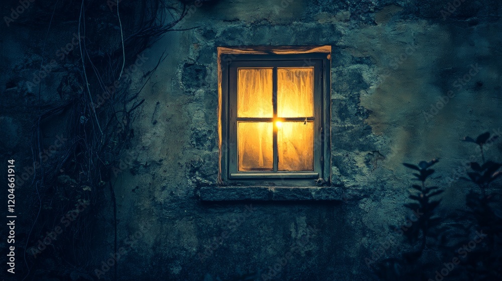 A warm glow seeps through a rustic window of an old stone cottage, casting an inviting and mysterious ambiance into the evening air. A warm glow seeps through a rustic window of an old stone cottage, casting an inviting and mysterious ambiance into the evening air.