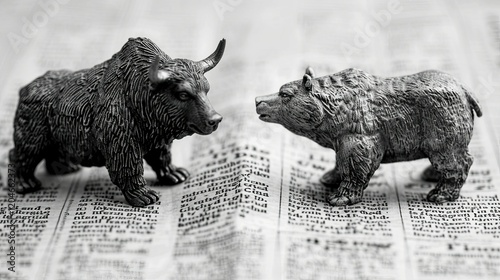 Bull and Bear Market Statues on Old Newspaper photo