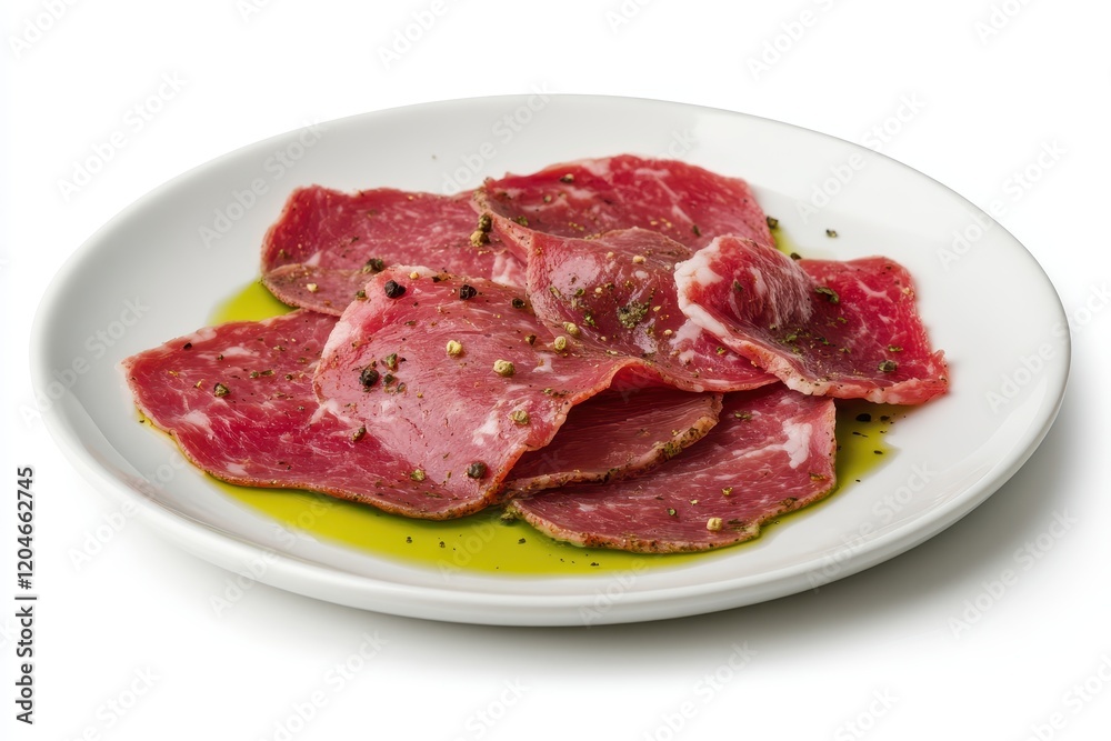 Slices of high-quality cured meat arranged artfully on a white plate garnished with olive oil and spices, perfect for gourmet dishes or culinary presentations Slices of high-quality cured meat arranged artfully on a white plate garnished with olive oil and spices, perfect for gourmet dishes or culinary presentations