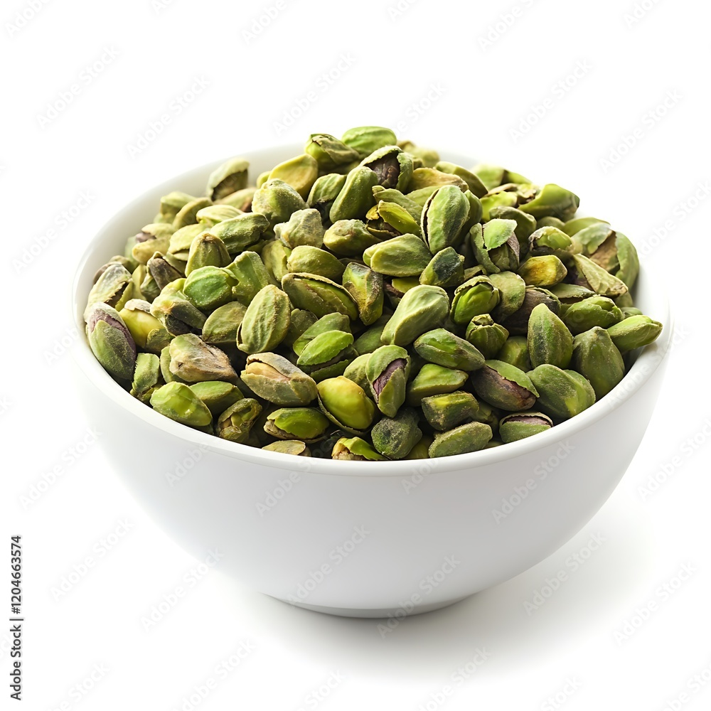 Pistachio nuts in white bowl isolated on white background Pistachio nuts in white bowl isolated on white background