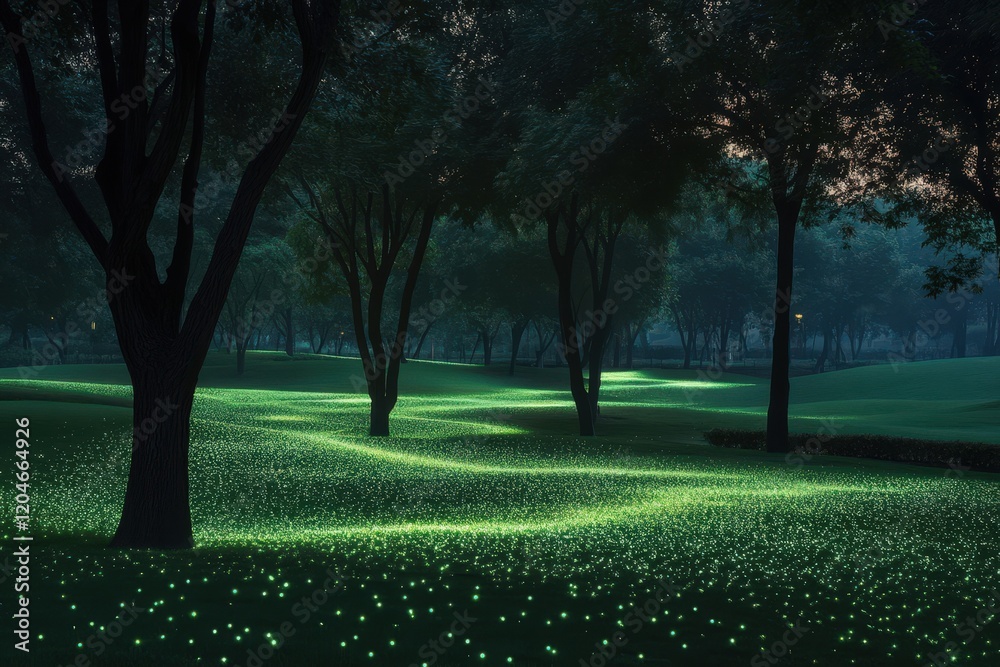 Fototapeta premium Illuminated Park Landscape At Night With Trees